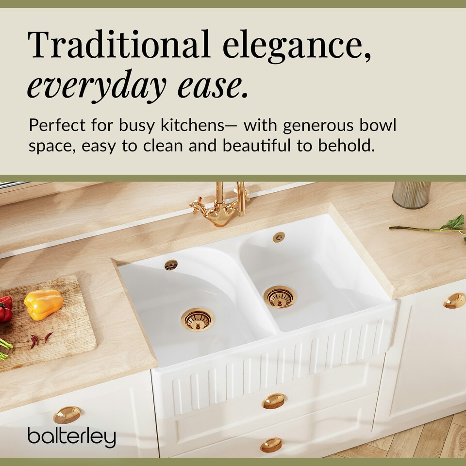 image 1 of Fireclay Kitchen Double Bowl Fluted Front Butler Sink Full Weir 795mm