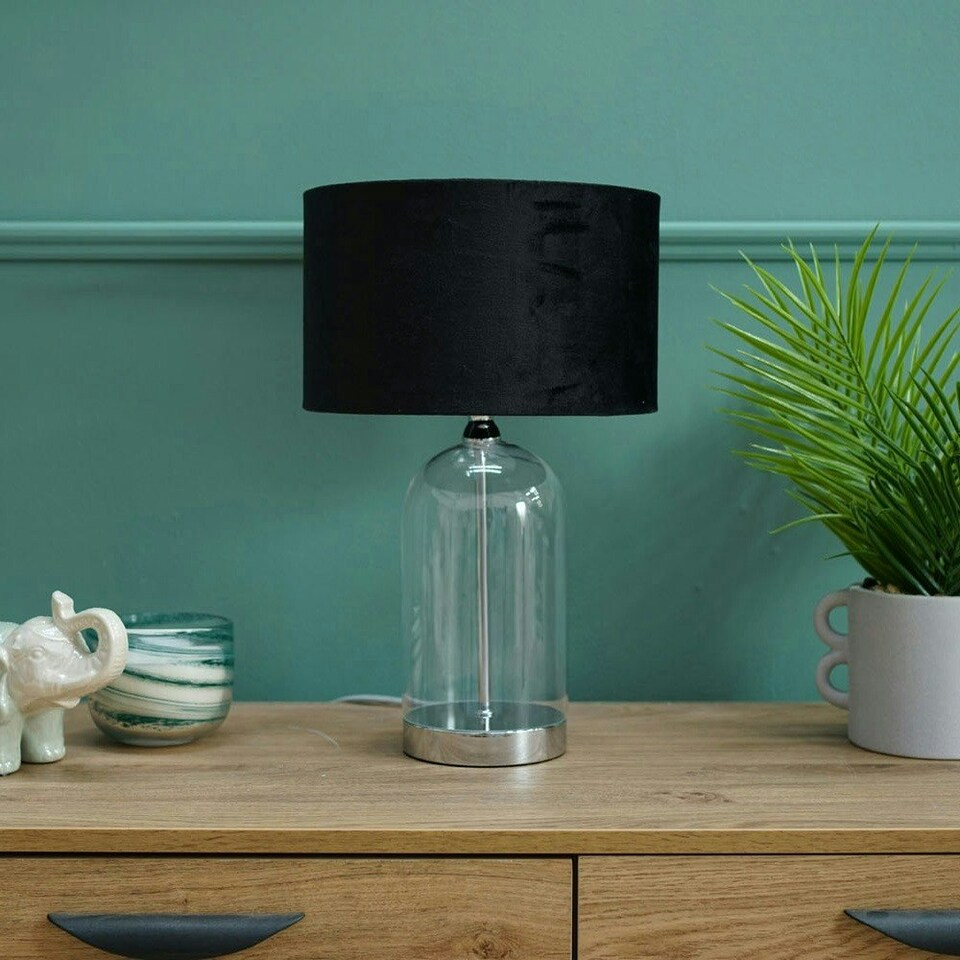 image 1 of ValueLights Jessy Glass and Silver Chrome Metal Bedside Table Lamp with a Black Velvet Lampshade