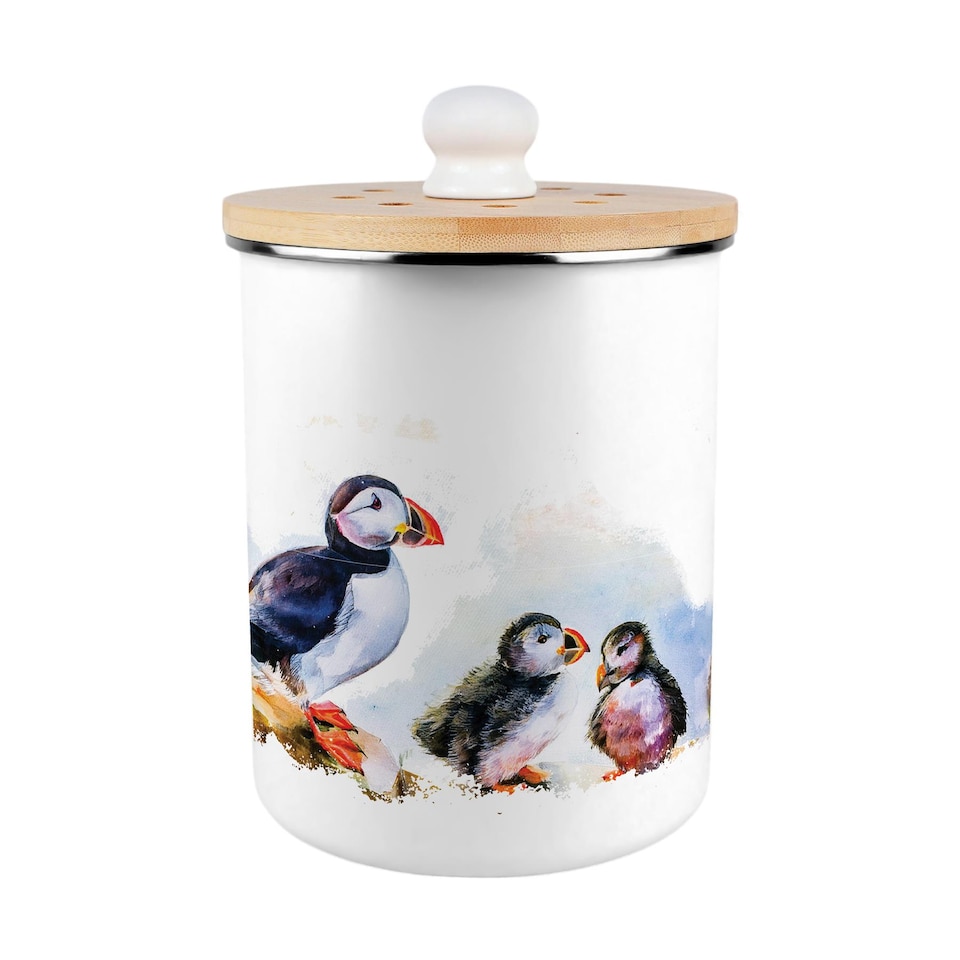 image 1 of Seaside Puffins Food Waste Caddy - Metal 2L Decorative Kitchen Compost Bin