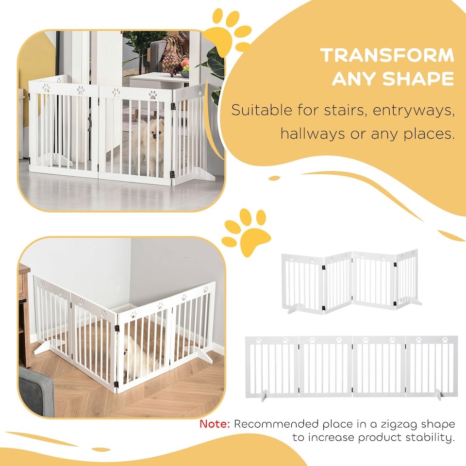 image 1 of PawHut Pet Gate 4 Panel Wooden Dog Barrier Folding Fence w/ Support Feet