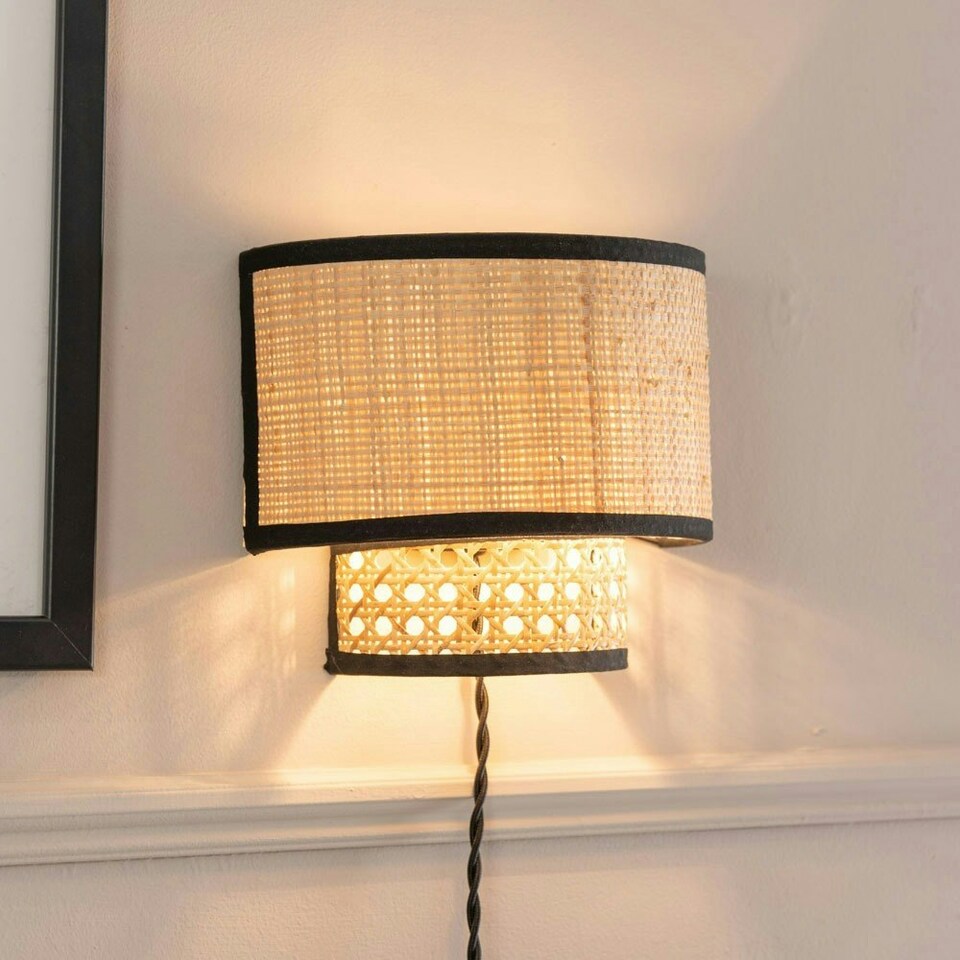 image 1 of ValueLights Grant Pair of - Plug in Natural Rattan Wicker Cane Easy Fit Wall Lights - Bulbs Included