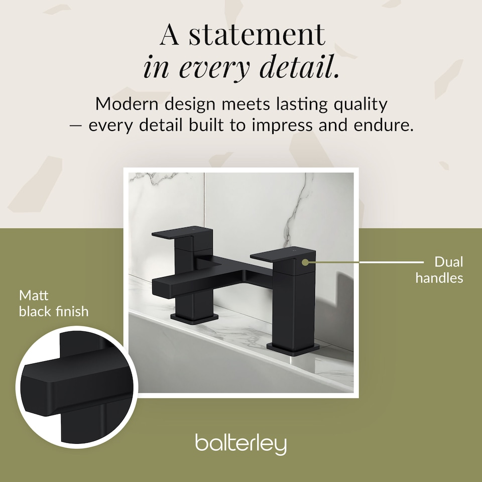 image 1 of Balterley Square Deck Mounted Bath Filler Tap with Dual Levers, Waterfall Spout | Black | Matt Black | 1