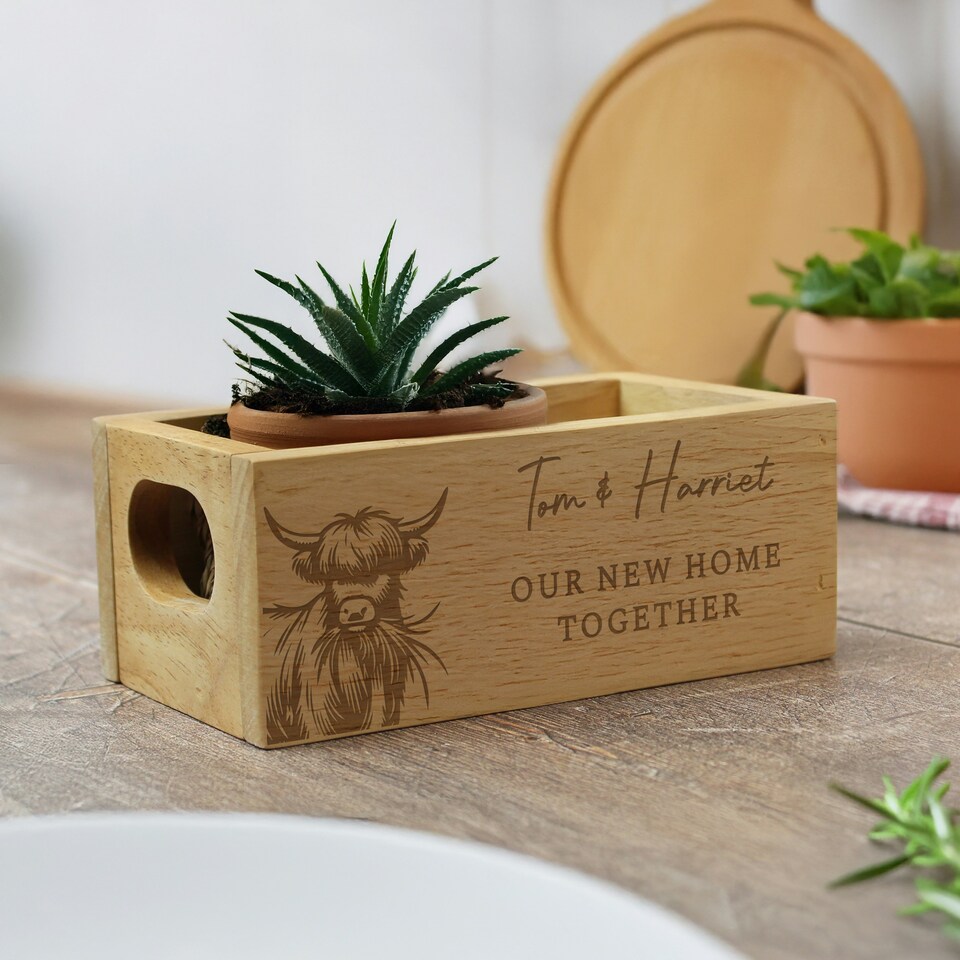 image 1 of Personalised Highland Mini Wooden Storage Crate Brown | ONE SIZE