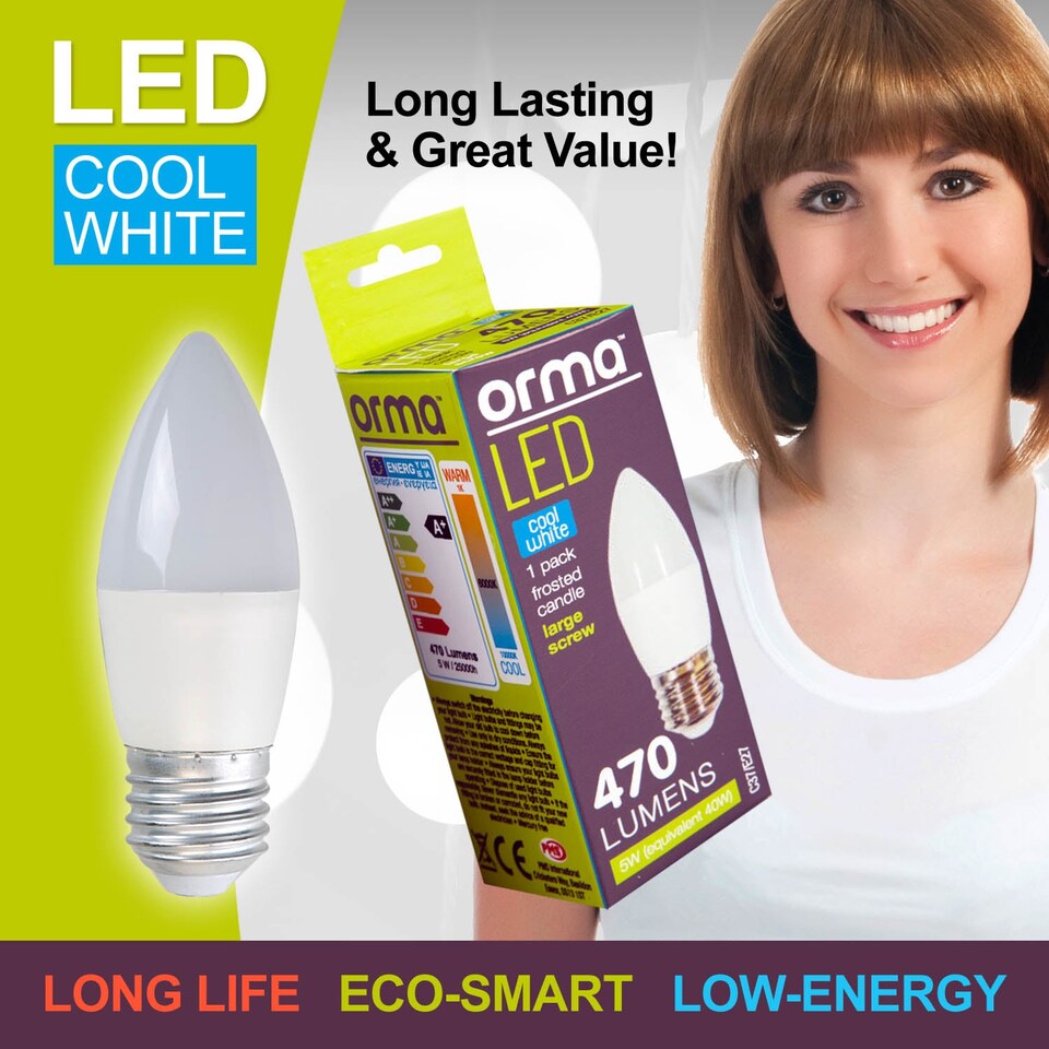 image 1 of PMS Cool White Candle LED Bulb 5W E27 Frosted - Large, 470 lm, Non-Dimmable