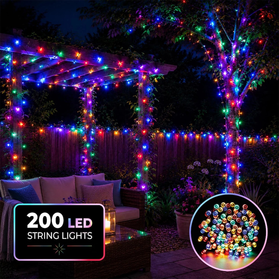 image 1 of Coopers Of Stortford Solar String Lights 200 LED 21.9m 8 Light Effects