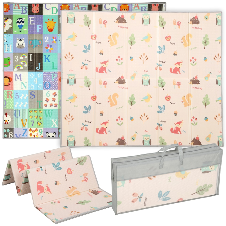 image 1 of AIYAPLAY Baby Play Mat Double-Sided, Foldable Waterproof Activity Playmat, Reversible Foam Soft Crawling Mat for Bedroom, Nursery and Playroom, 176.5L x 148W cm, Alphabet and Animal Theme