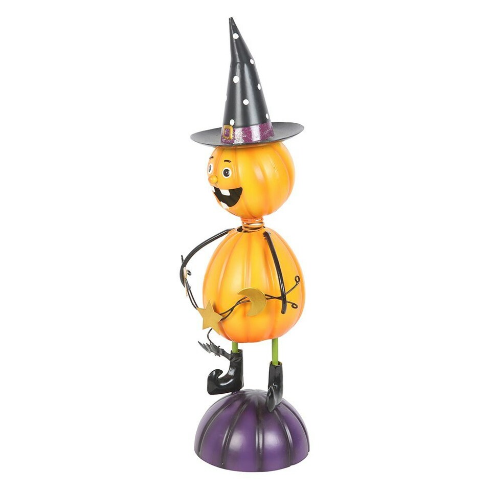 image 1 of Orange Metal Pumpkin Man Halloween Ornament with Witch Hat