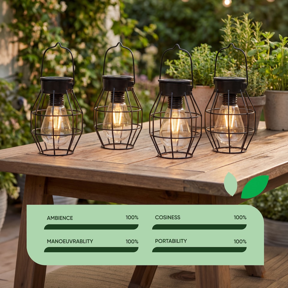 image 1 of Pack of 4 Timeless Mini Caged Solar Lanterns, Warm White | Black