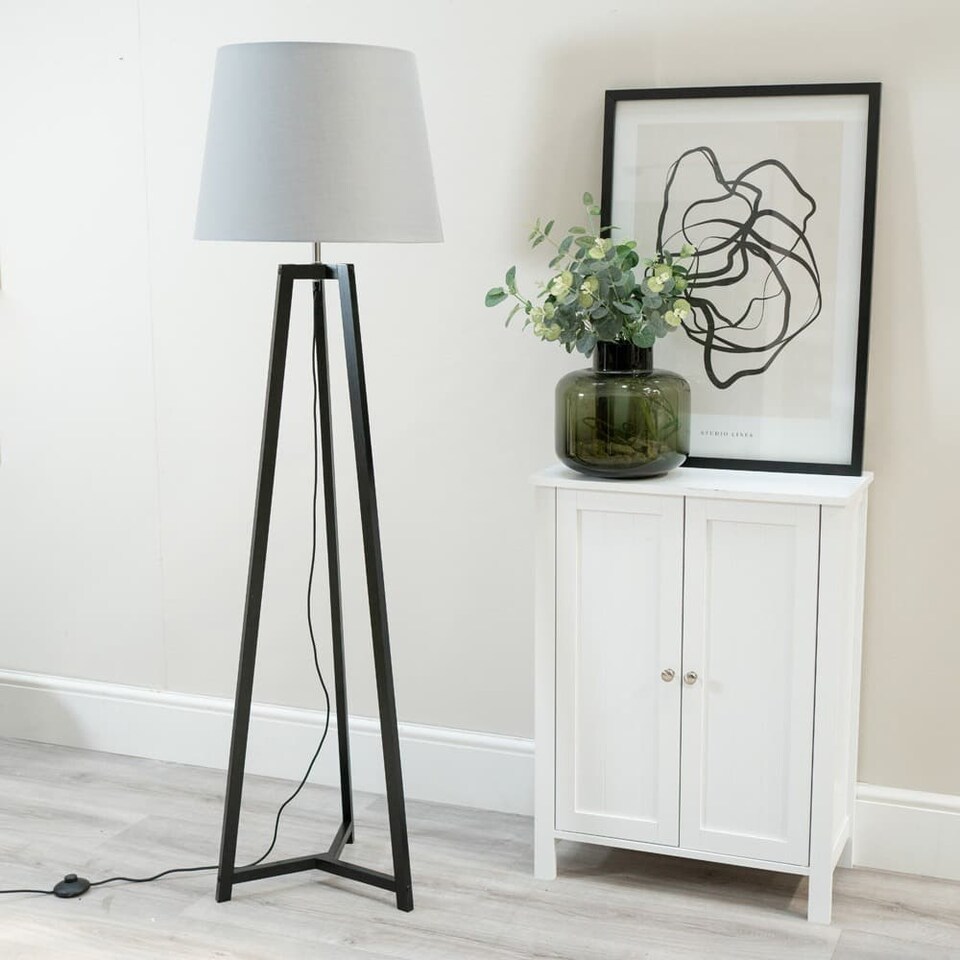image 1 of ValueLights Lottie Black Wood Tripod Floor Lamp Grey Taper Shade and Bulb