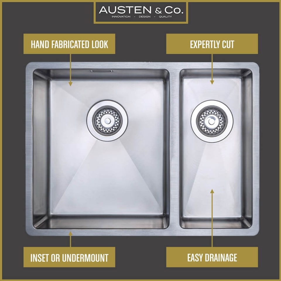 image 1 of Austen & Co. Orla Stainless Steel 1.5 Bowl Kitchen Sink, Right Hand Main Bowl, Inset & Undermount
