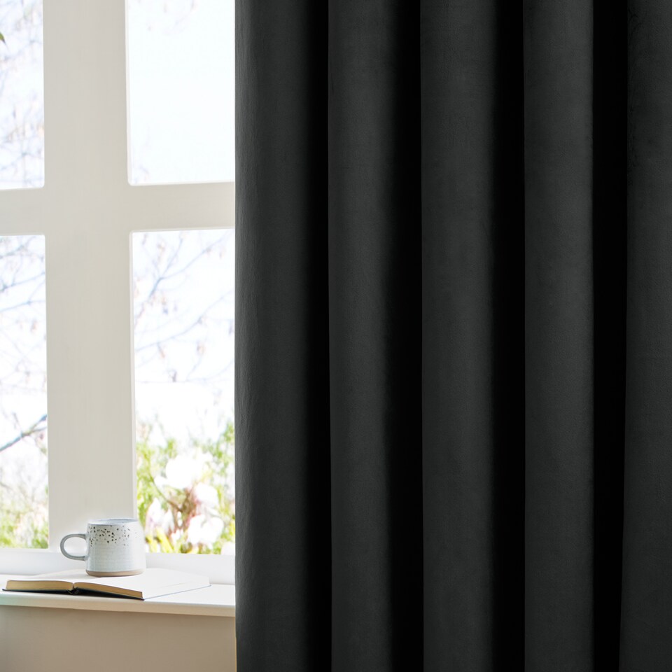 image 1 of furn. The Ultimate Velvet Blackout Pencil Pleat Curtain Pair, Black, (W)229x (D)137cm | Black | Black | One Size