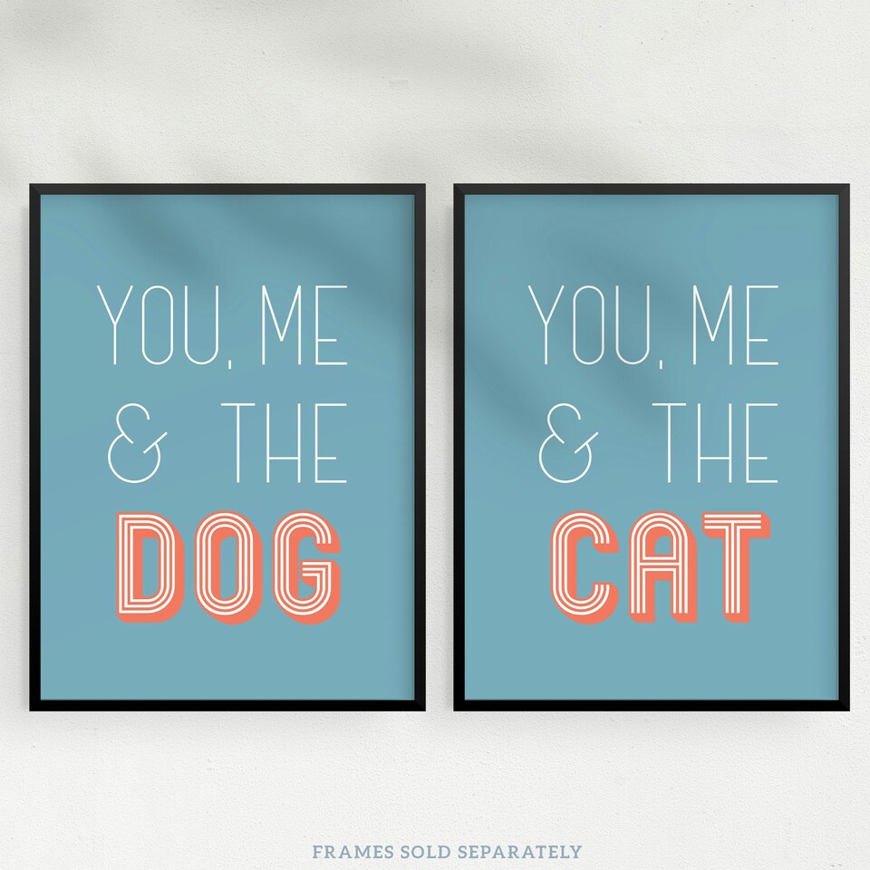 image 1 of Set of 2 You Me And The Cat Dog Lover Retro Teal Blue Pink Wall Art Prints 12x16 Inch