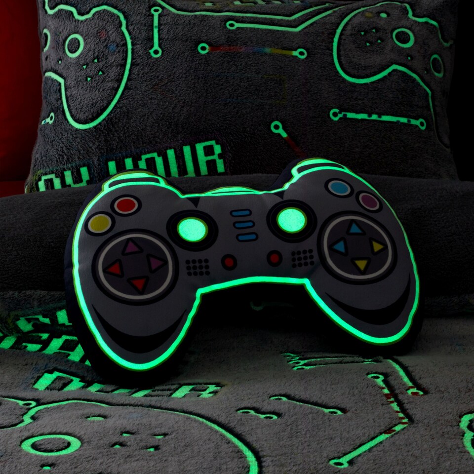 image 1 of Catherine Lansfield Game Over Glow in the Dark Fleece 3D Shaped Cushion | Black | 38x29cm
