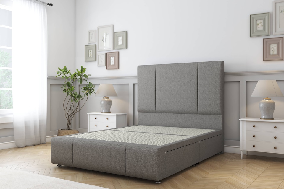 image 1 of Sloomy Lisbon Pewter Dumfries Divan Bed Base 2 Drawers Left Side With 26 Inch Strutted Headboard & 12 Inch Matching Footboard | Grey | Pewter | Small Single | 1