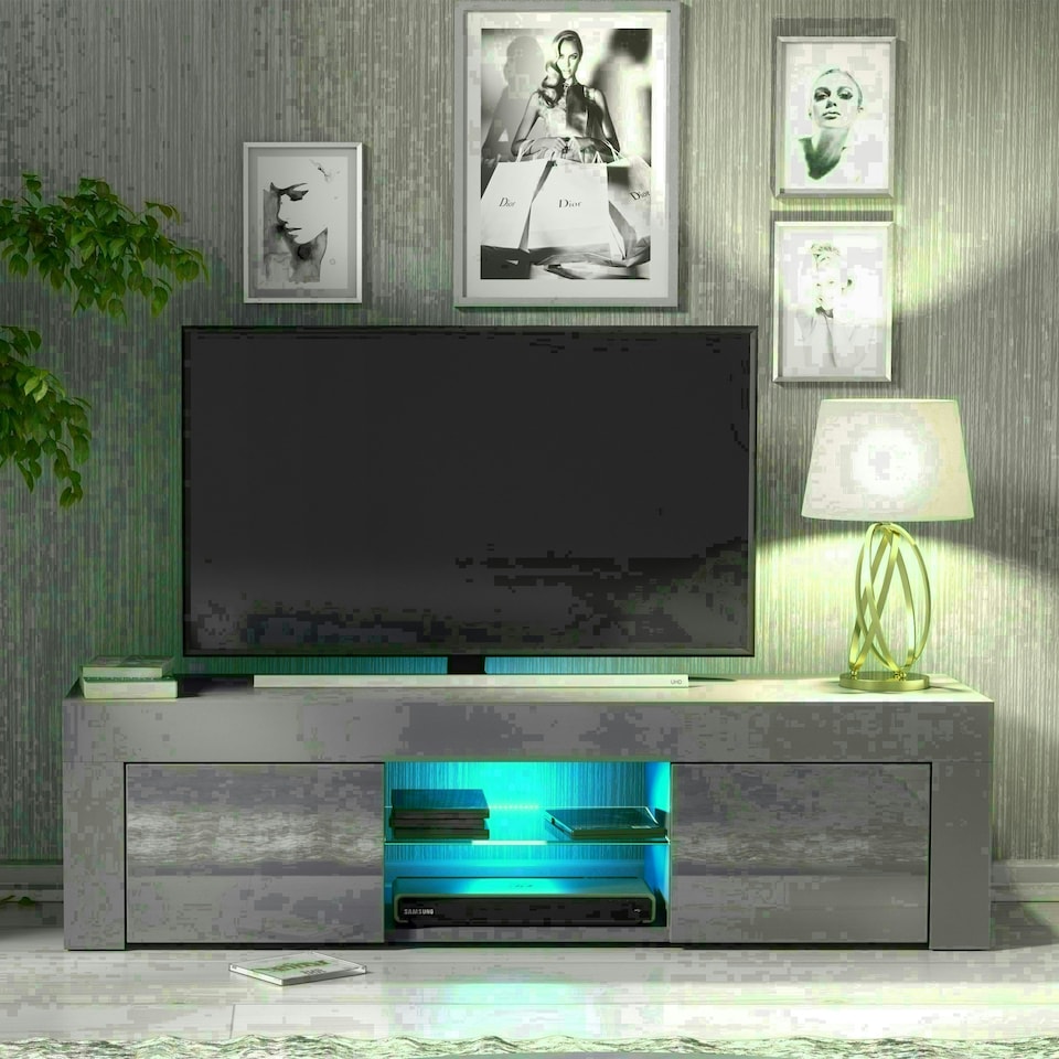image 1 of TV Unit 130cm Grey Gloss Doors Grey Matt Body Modern Cabinet | Grey | One Size | 1