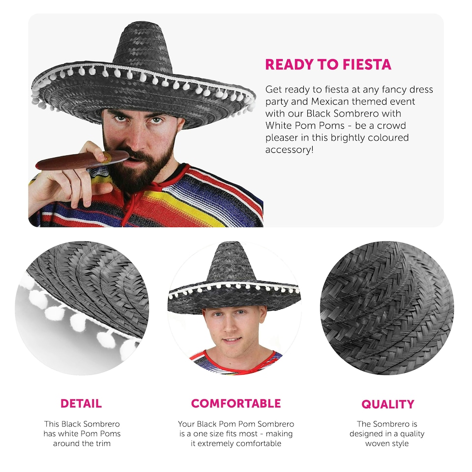 image 1 of Adult Black Pom-Pom Sombrero – Fancy Dress Mexican Hat | Black | 3