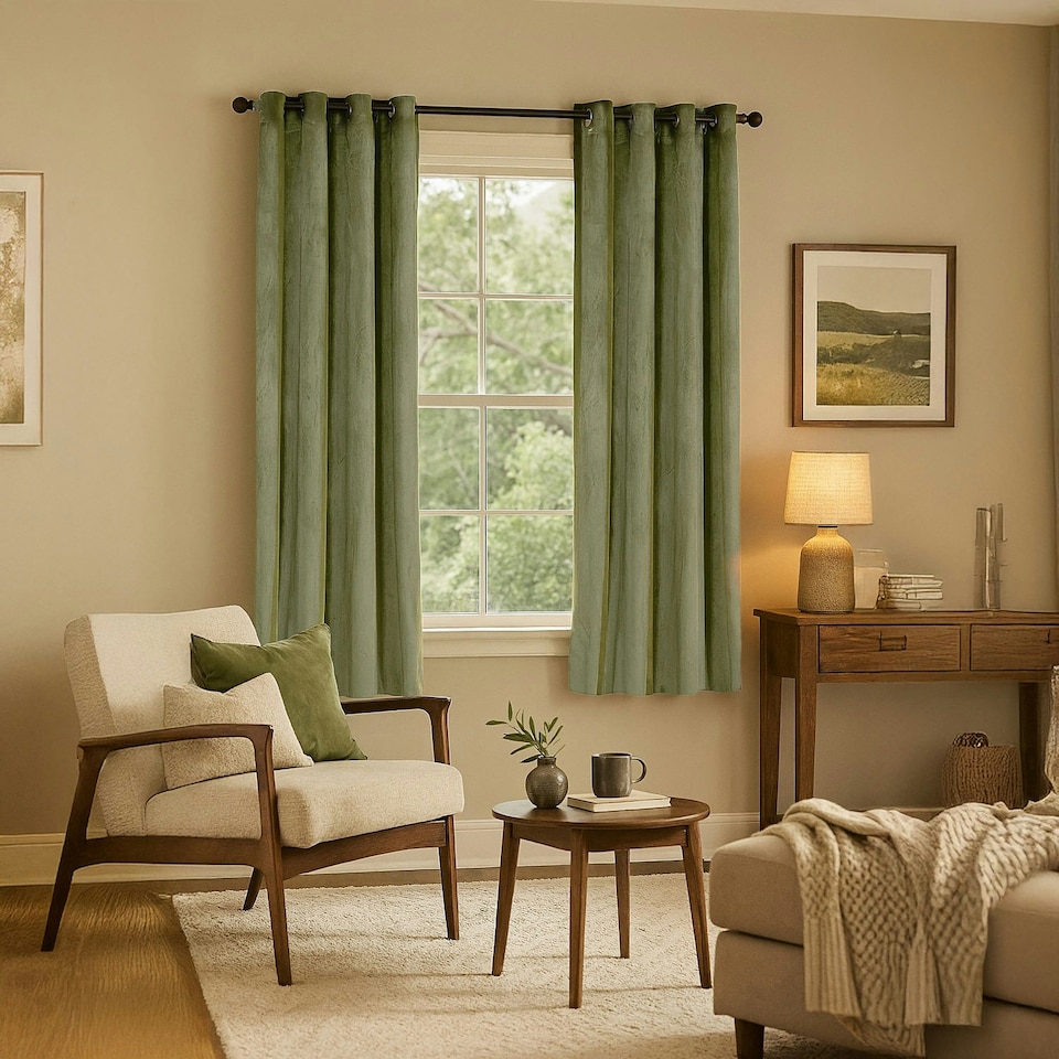image 1 of Olive Green Velvet Blackout Eyelet Curtains - 46x63 Inch Drop - Pair | Green | One Size