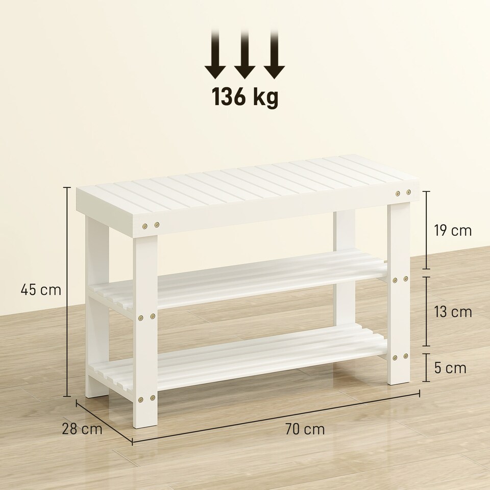 image 1 of HOMCOM 3-Tier Bamboo Shoe Bench with 2 Shelves for Entryway, White