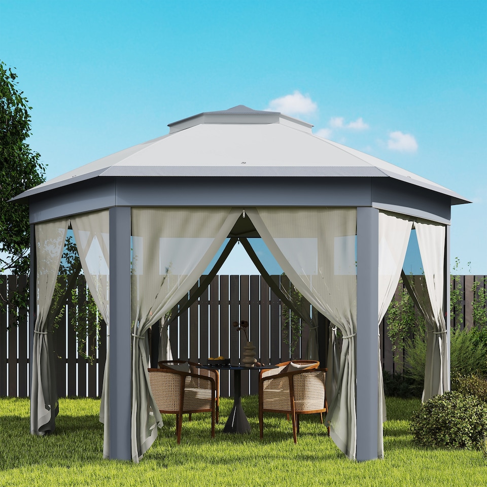 image 1 of Outsunny 3 x 4m Garden Gazebo Hexagon Pop Up Gazebo Party Tent Canopy Double Roof Instant Shelter with Netting and Carry Bag for Outdoor Patio, Grey