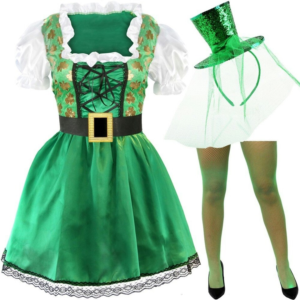 image 1 of Irish Shamrock Dress with Tights & Hat Fascinator Green | S