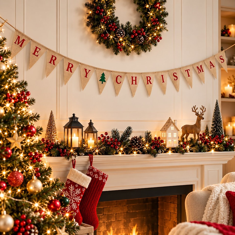 image 1 of Merry Christmas With Tree Pennant Hessian Christmas Party Bunting