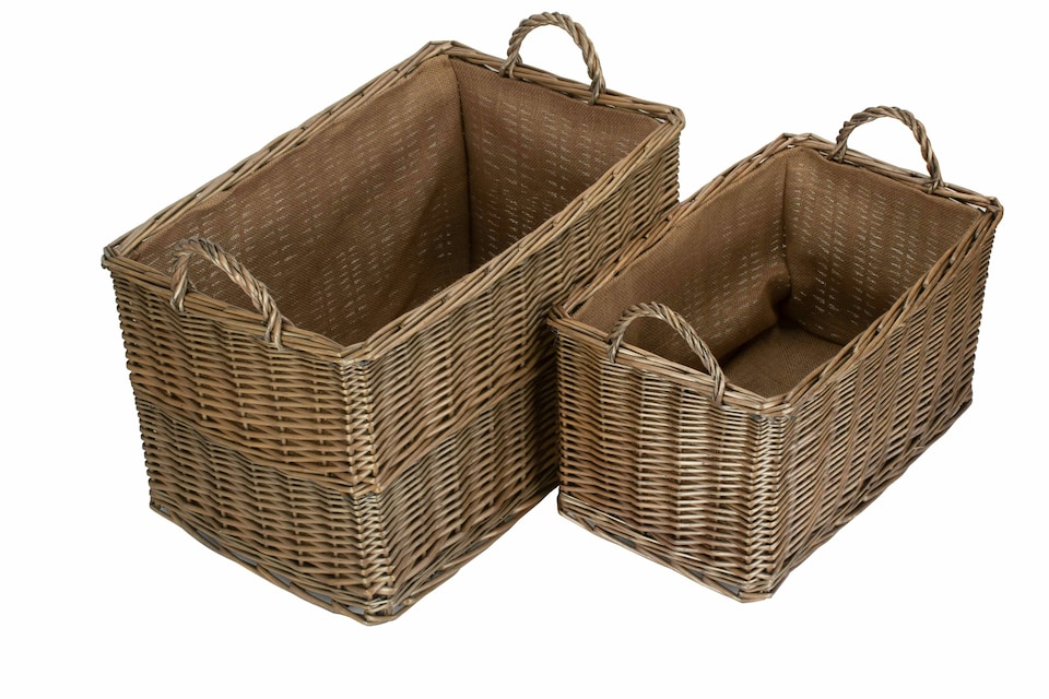 image 1 of Antique Wash Rectangular Hessian Lined Wicker Basket Set of 2