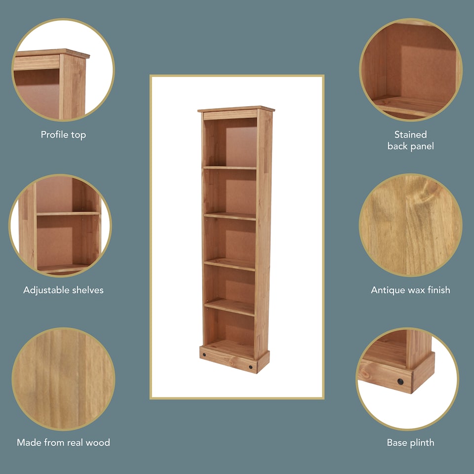 image 1 of Corona 5-Shelf Tall Narrow Bookcase - Premium Wax Top with Solid Pine Construction and Practical Shelving | Brown | Antique Waxed Pine | One Size | 1