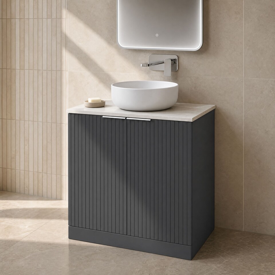 image 1 of Balterley Callingwood Contemporary Floor Standing 2 Door Vanity Unit with Marble Plaster Laminate Worktop , 800mm, Dark Grey