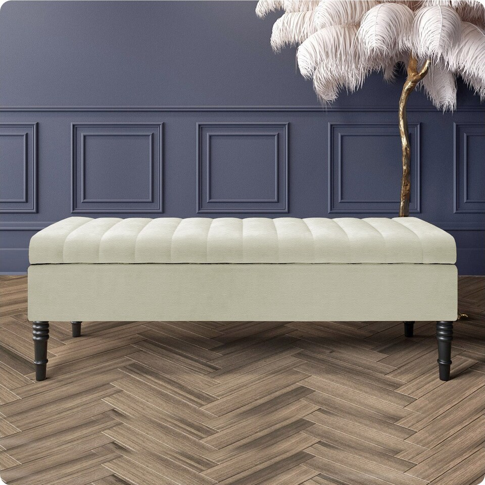 image 1 of Safar 180cm Ottoman Storage Bench - Naples Shoe Bench - Cream Lined Upholstery Storage Footstool