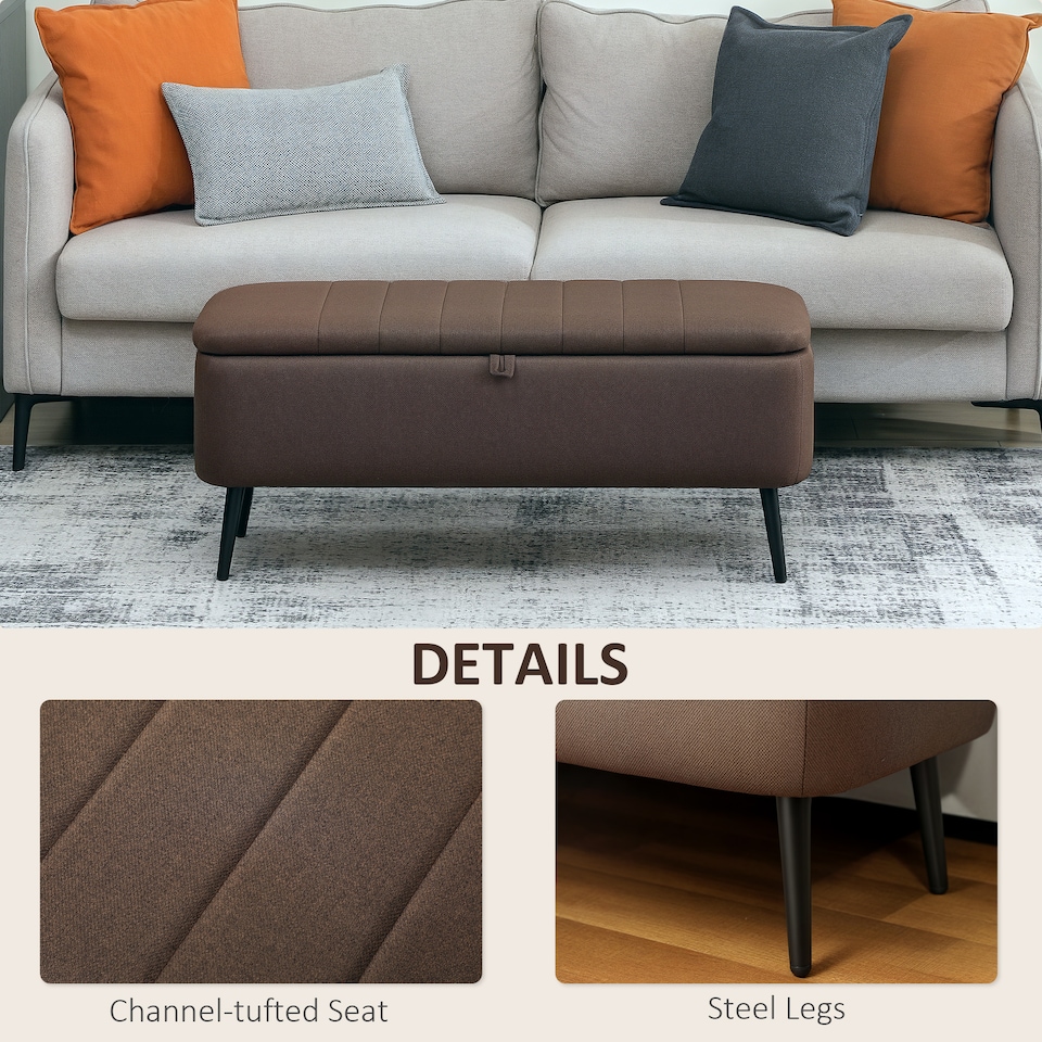 image 1 of HOMCOM Storage Ottoman Bench, Linen Fabric Footstool with Steel Legs Brown