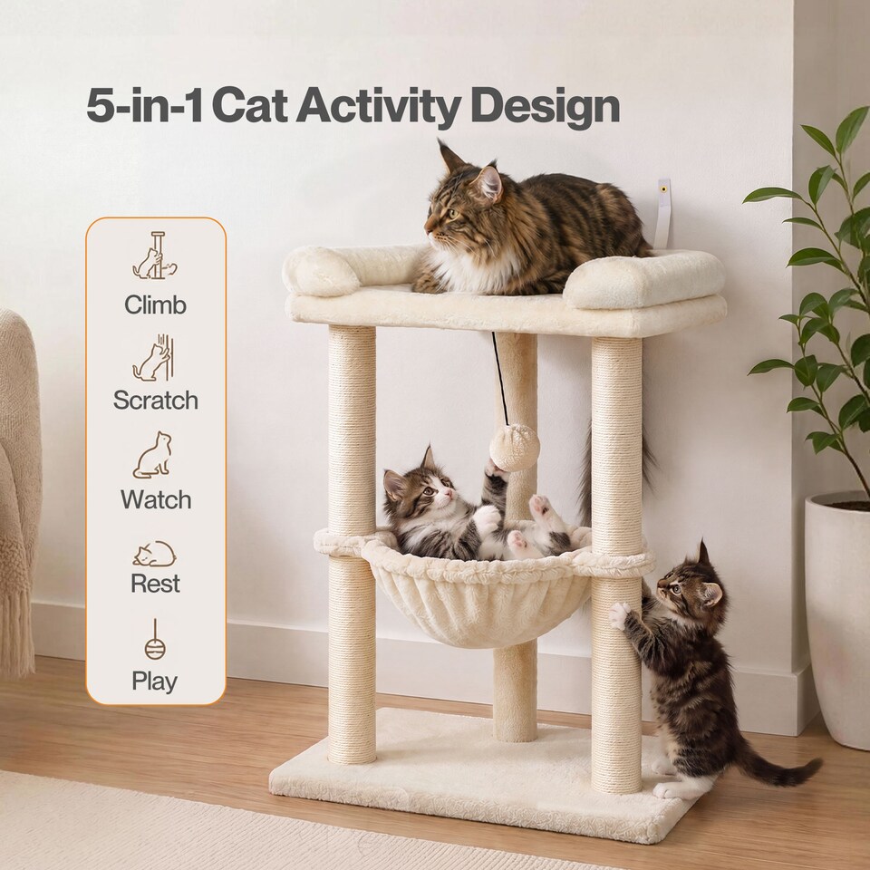 image 1 of Skylos Cat Tree Tower Bed with Hammock Ball Scratching Post Large Perch Beige