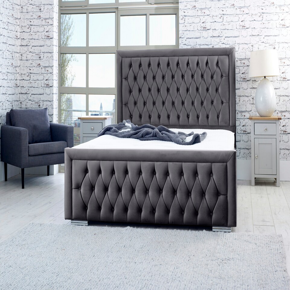 Piera Plush Double Bed Frame - Steel