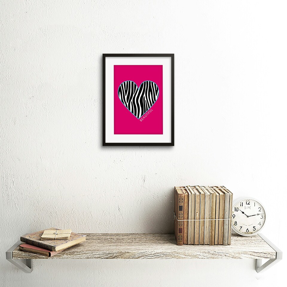 image 1 of Zebra Pattern Heart Beautiful Pink Design 9x7" Black Framed Wall Art Print