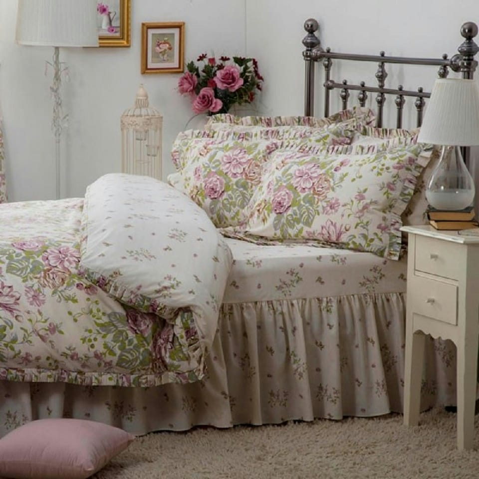 image 1 of Belledorm Rose Boutique Fitted Valance - Ivory/Pink/Green - Single