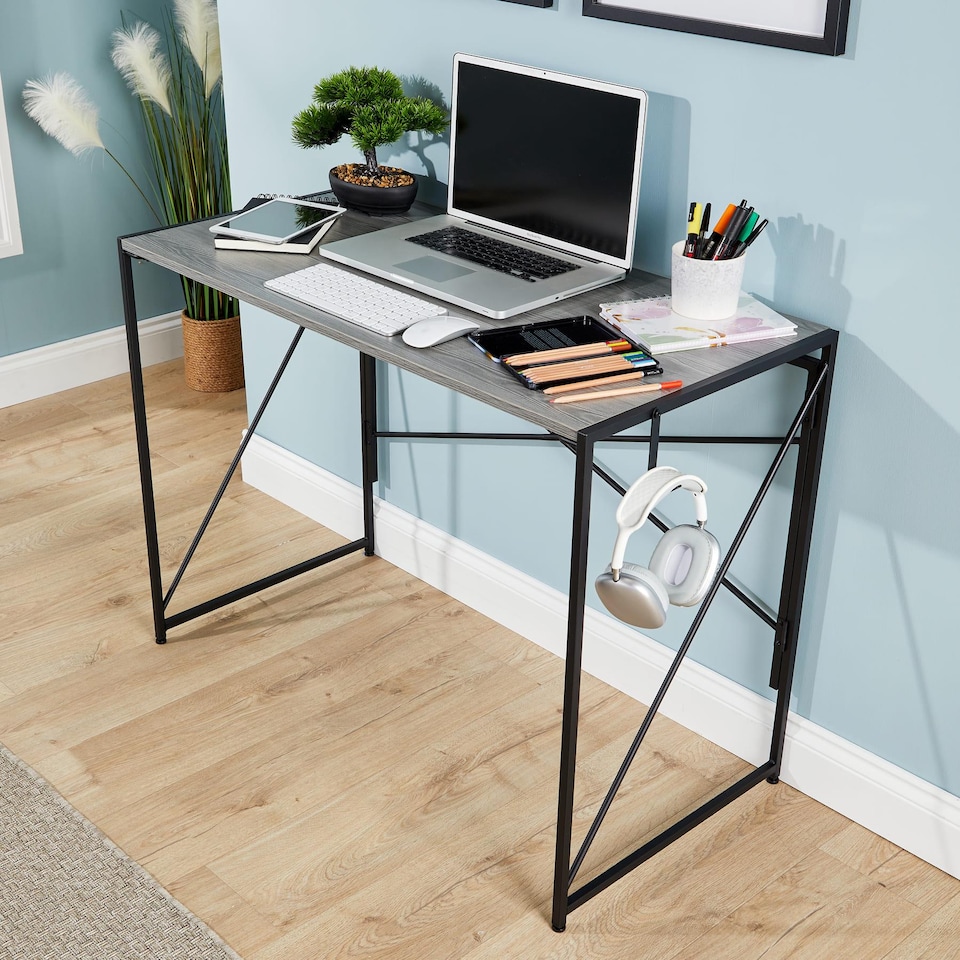 image 1 of Folding Compact Desk Storage Hook Wood Metal Office Computer Table Workstation | Grey
