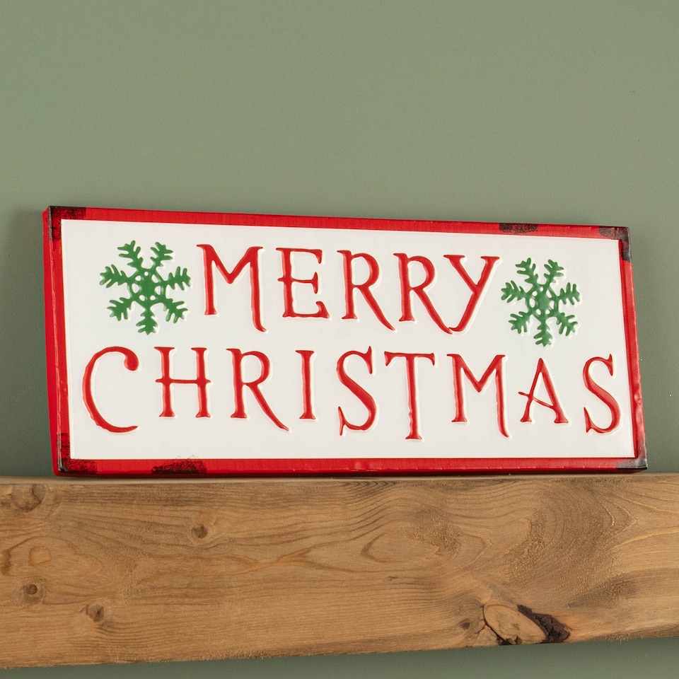 image 1 of 57cm Metal Merry Christmas Hanging Sign in Red & White with Green Snowflakes
