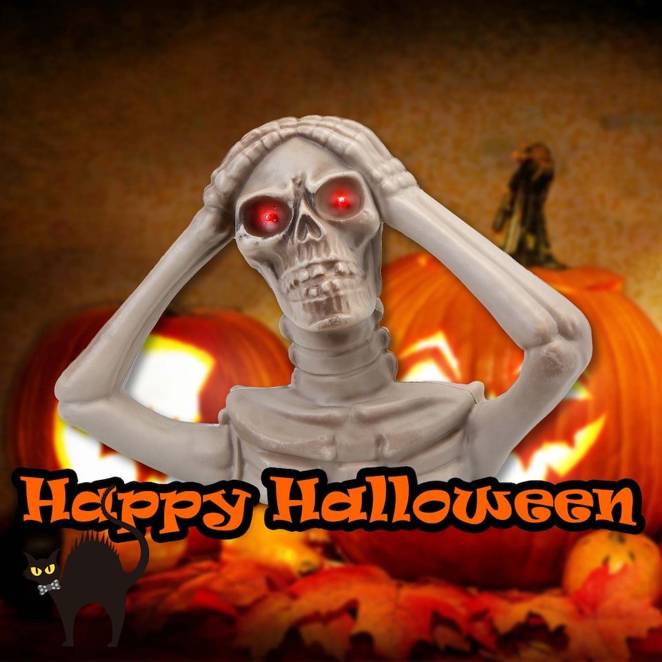 image 1 of PMS Halloween Skeleton Bust with LED Eyes - Hands on Head, 18 x 24 cm