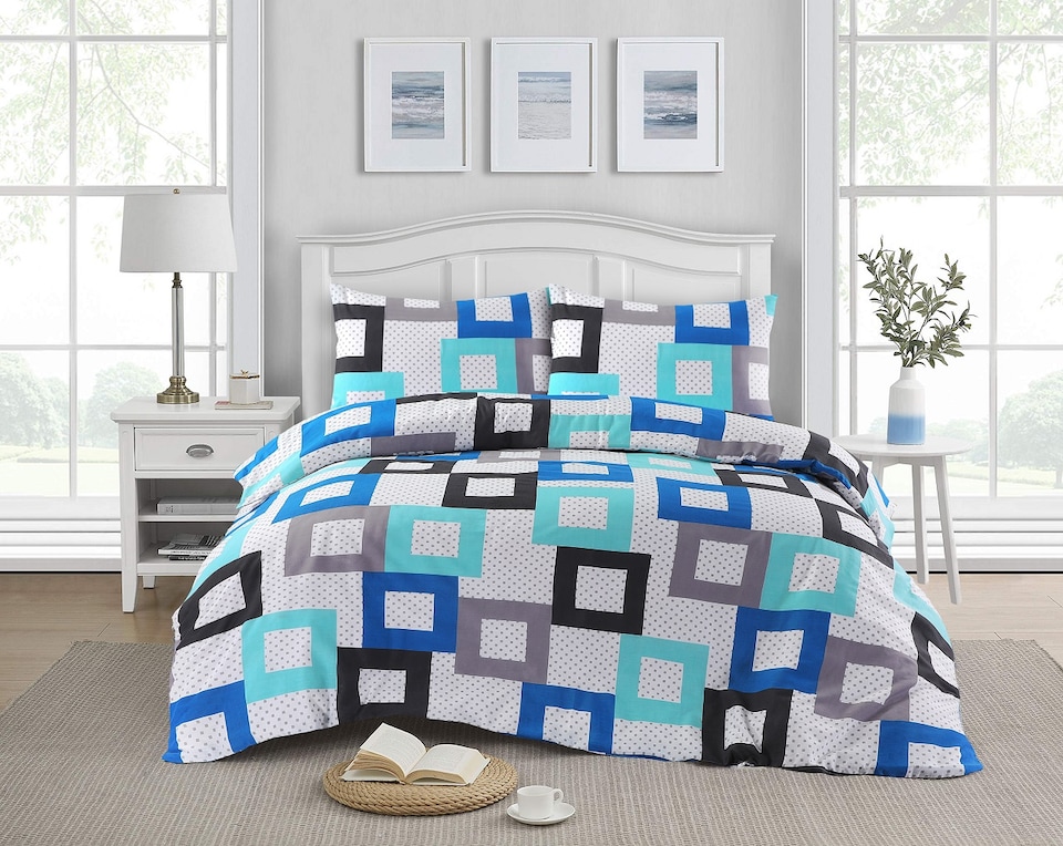 image 1 of Homes Linen Douglas Geometric Squares Reversible Duvet Cover Set with Pillowcases Modern Luxury Bedding Set | Multi | Super King