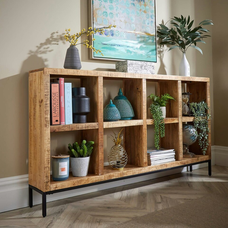 image 1 of Open Wide Bookcase Solid Wooden Mango Frame Iron Home Office Furniture Storage Brown