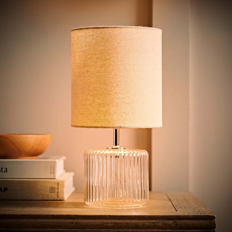 image 1 of ValueLights Betty Clear Glass Table Lamp with Natural Lamp Shade