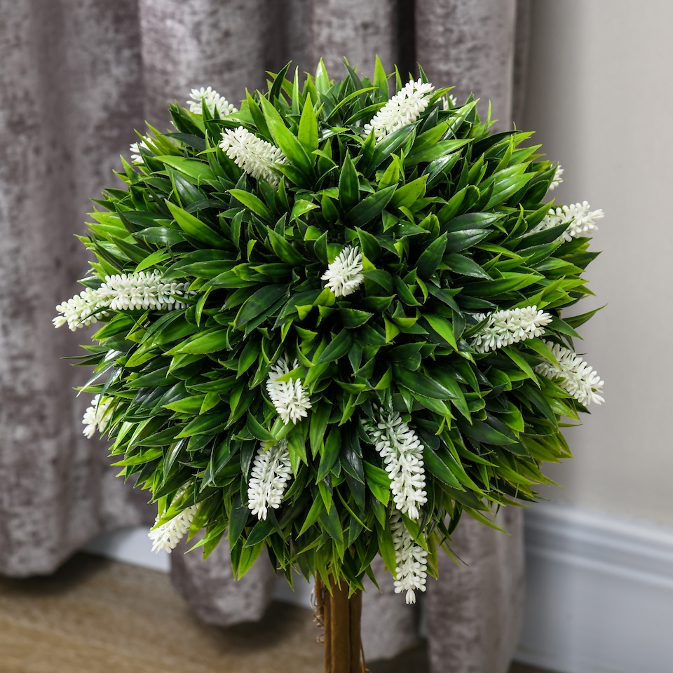 image 1 of HOMCOM Set of 2 Decorative Artificial Plants Ball Trees with Lavender Flowers in Pot Fake Plants for Home Indoor Outdoor Decor, 60cm, White
