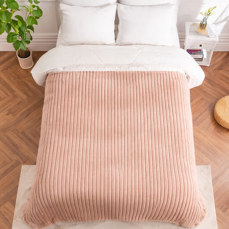image 1 of Ribbed Jacquard Fleece Blanket Throw 200x240cm - Soft & Cosy Bed Throw