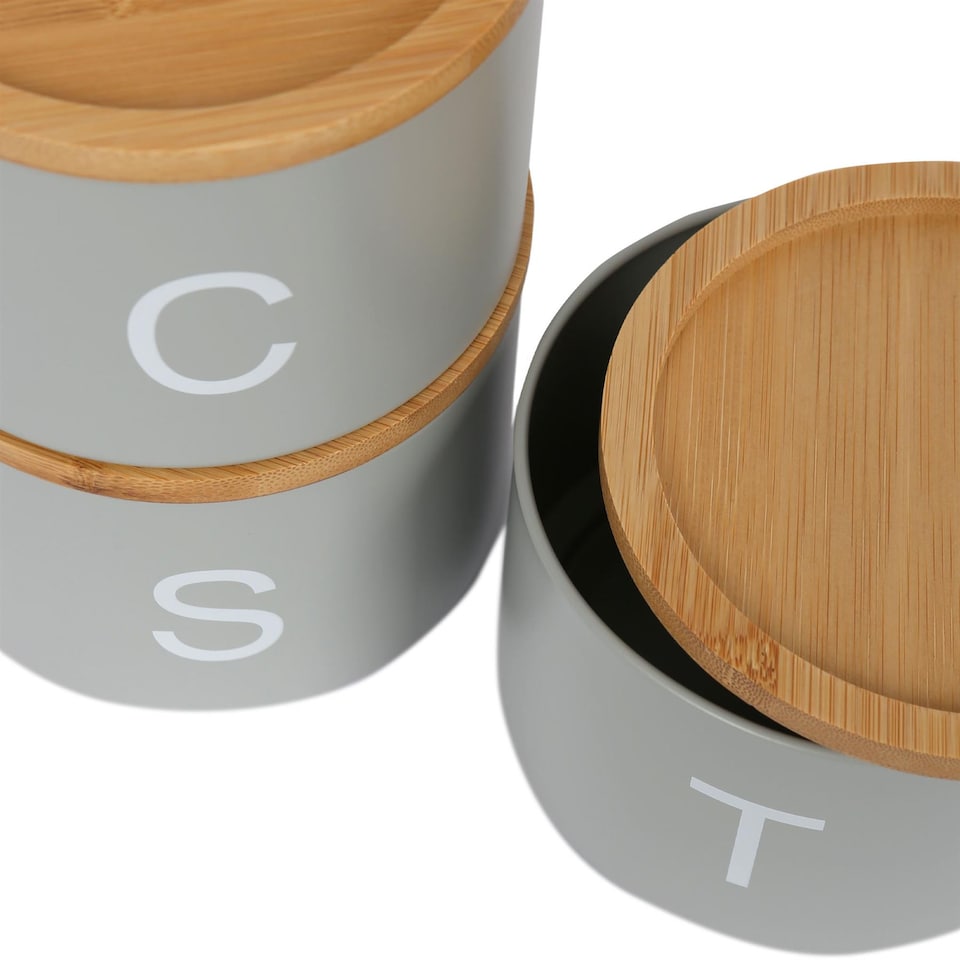 image 1 of Harbour Housewares 3pc Stacking Tea Coffee Sugar Canister Set with Bamboo Lids - Grey
