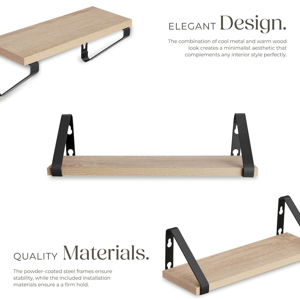 image 1 of Wall Shelves - set of 3, decorative metal brackets, high load-capacity, 3 widths included | Brown | industrial wood light, oak Sonoma | 40 x 12 x 12 cm | 1