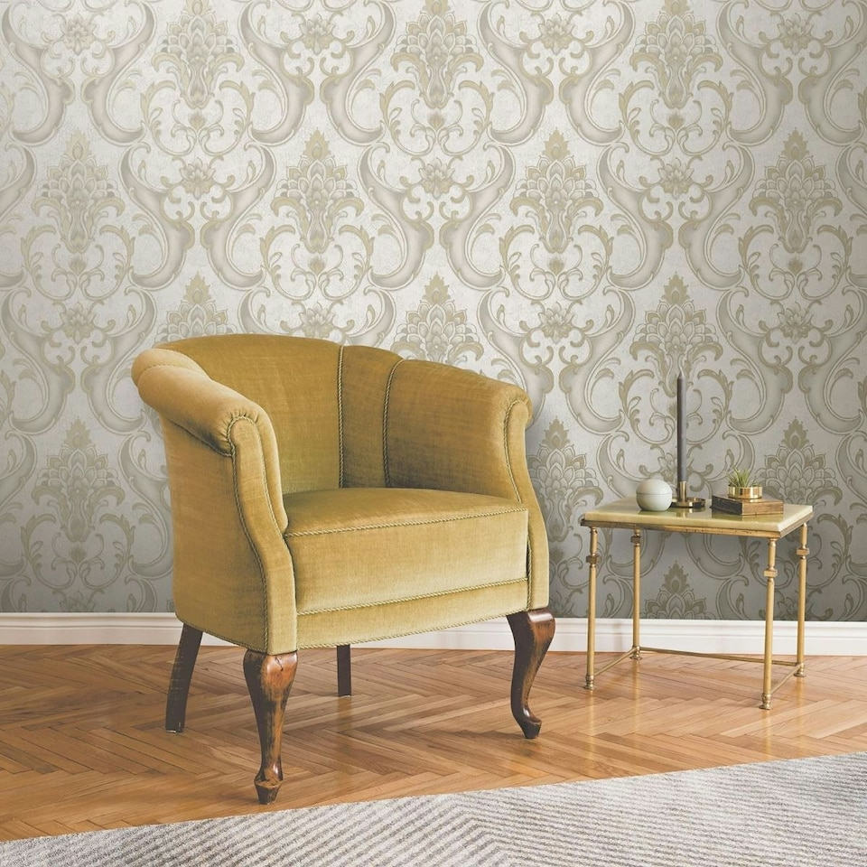 image 1 of Rasch Sonata Damask Heavyweight Vinyl Textured Wallpaper - Gold - 10m x 53cm Gold