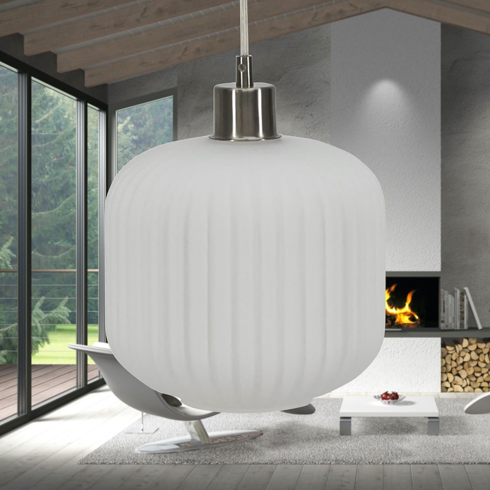 image 1 of Set of 2 Bento - White Ribbed Glass with Satin Nickel Pendant Fittings | Chrome | White | 2