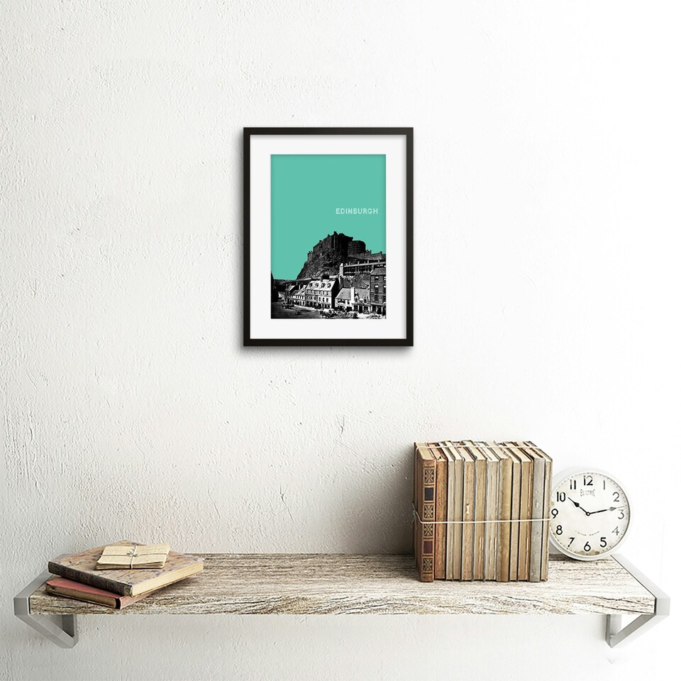 image 1 of Grassmarket Edinburgh Castle Scotland Cityscape Teal 9x7" Black Framed Wall Art Print