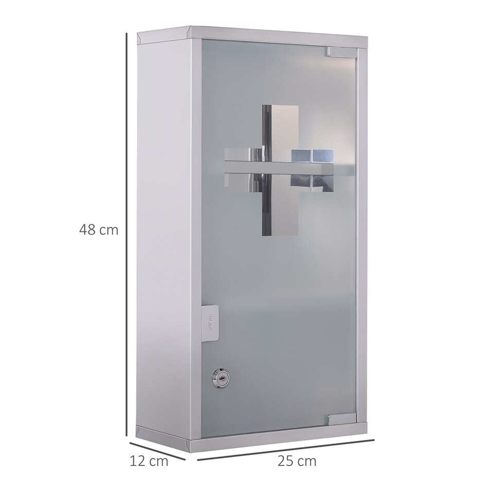 image 1 of HOMCOM Wall Mounted Medicine Cabinet First Aid Box Glass Door Lockable 3 Shelves | Silver