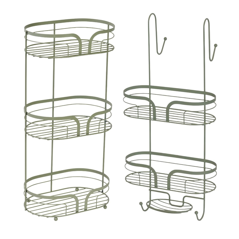 image 1 of Showerdrape Dante Sage Green Floor Caddy and 2 Tier Over Door Hook Shower Caddy | Green | Sage Green | 1