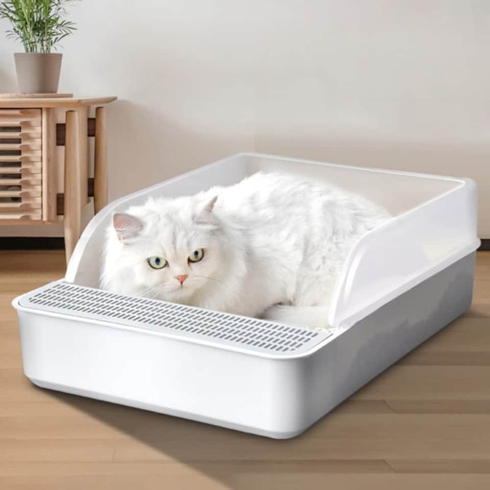 image 1 of Living and Home Open Cat Litter Box Easy Cleaning - White & Grey